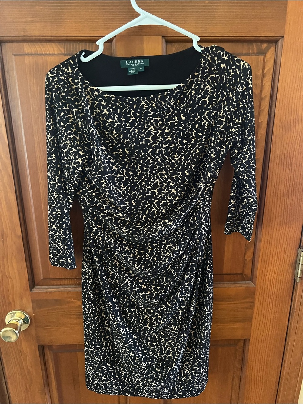 Lauren Ralph Lauren Black and Cream Printed Ruched Midi Dress